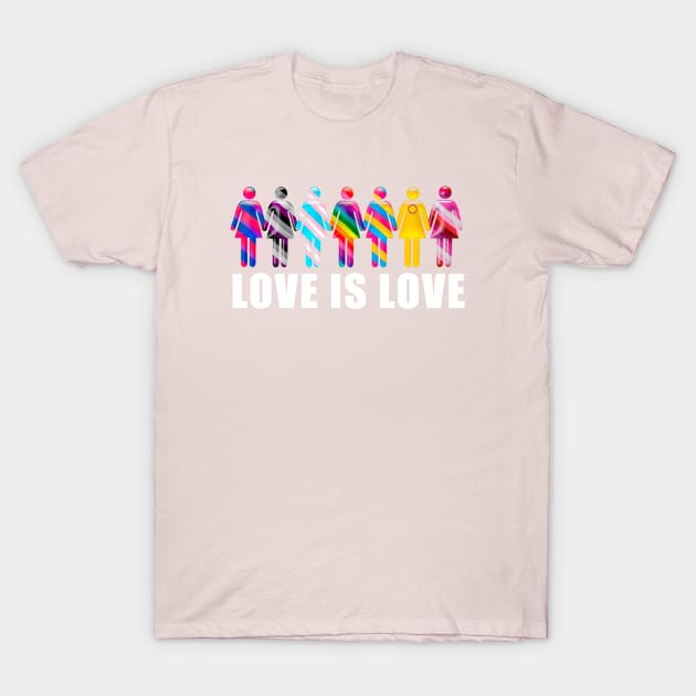 Love is Love with Women icons in LGTBQi+ flag colors T-Shirt by Visualisworld